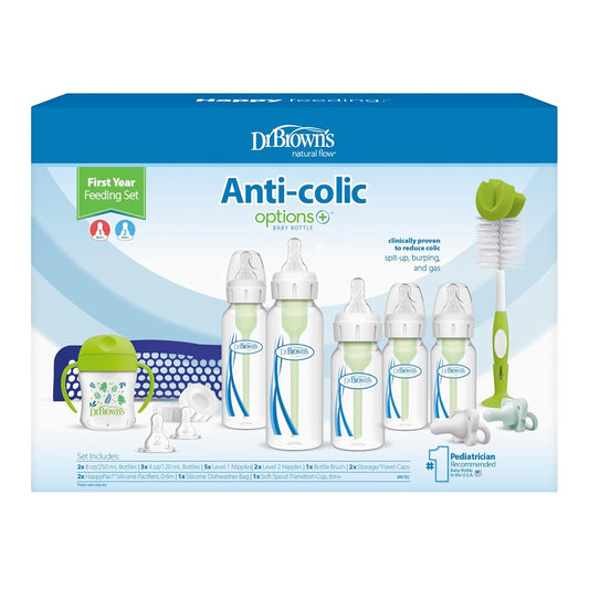 Dr. Brown's Natural Flow Anti-Colic Options+ First Year Feeding Set with Newborn Baby Bottles, Soft Spout Transition Cup, Bottle Cleaning Brush & 100% Silicone HappyPaci Pacifier, 0m+