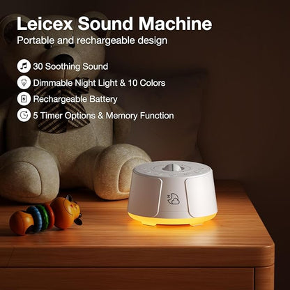 Sound Machine LEICEX White Noise Machine - 30 Soothing Sounds, 10 Colors Night Light, Rechargeable Battery- Travel Portable Sound Machine for Sleep Baby Adults, Perfect Sleeping Companion
