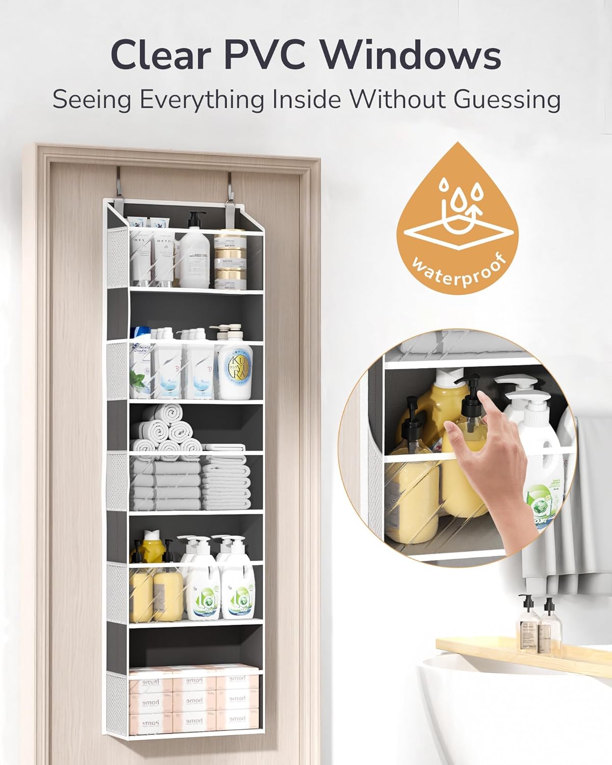 ULG 1 Pack Over Door Organizer with 5 Large and 10 Mesh Side Pockets, 44 lbs Weight Capacity Hanging Storage with Clear Window Kids Toys, Shoes, Diapers, Dark Grey, 5 Layers