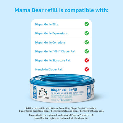 Amazon Brand - Mama Bear Diaper Pail Refills with Odor Control for Diaper Genie Pails, Unscented, 1080 Count (4 Packs of 270 Count)