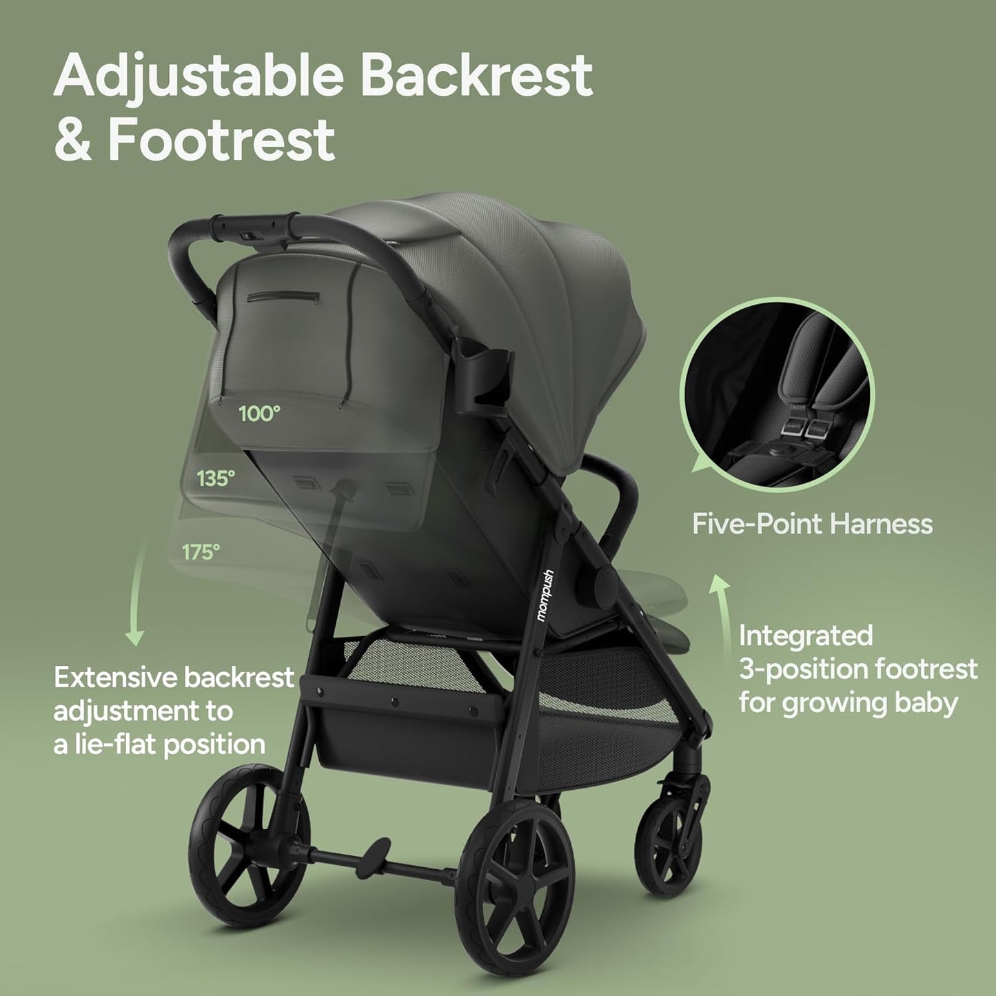 Mompush Nova Infant Baby Stroller for Newborn to Toddler, Oversized Seat up to 50 lbs, All-Terrain 10" Wheels & Suspension, One-Hand Fold; Lie-Flat Mode; UPF 50+ Canopy