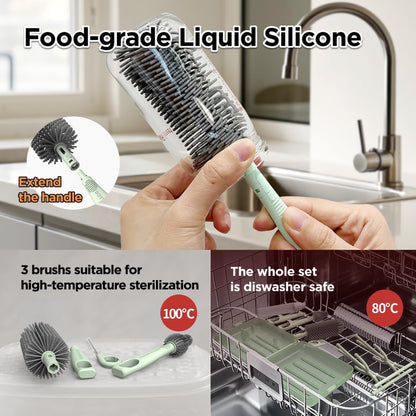 YOTIME Travel Bottle Brush, Travel Bottle Cleaner Kit with Foldable Bottle Drying Rack, for Visit Friends and Relations, Baby Travel Essentials, BPA Free, Green
