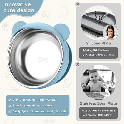 Toddler Plates and Bowls Set Stainless Steel - Bathchef Baby Feeding Set Strong Suction, BPA Free Durable Divided Plates, Safe Self Baby Feeding Utensils,Cup,Spoon,Fork,Dishwasher Safe,6pcs,Pink