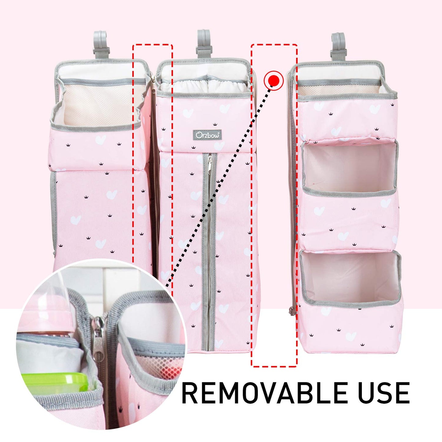 Orzbow 3-in-1 Hanging Diaper Caddy Organizer for Changing Table, Nursery Organization and Diaper Stacker for Crib Wall, Removable Diaper Organizer for Baby Girl Essentials, Pink