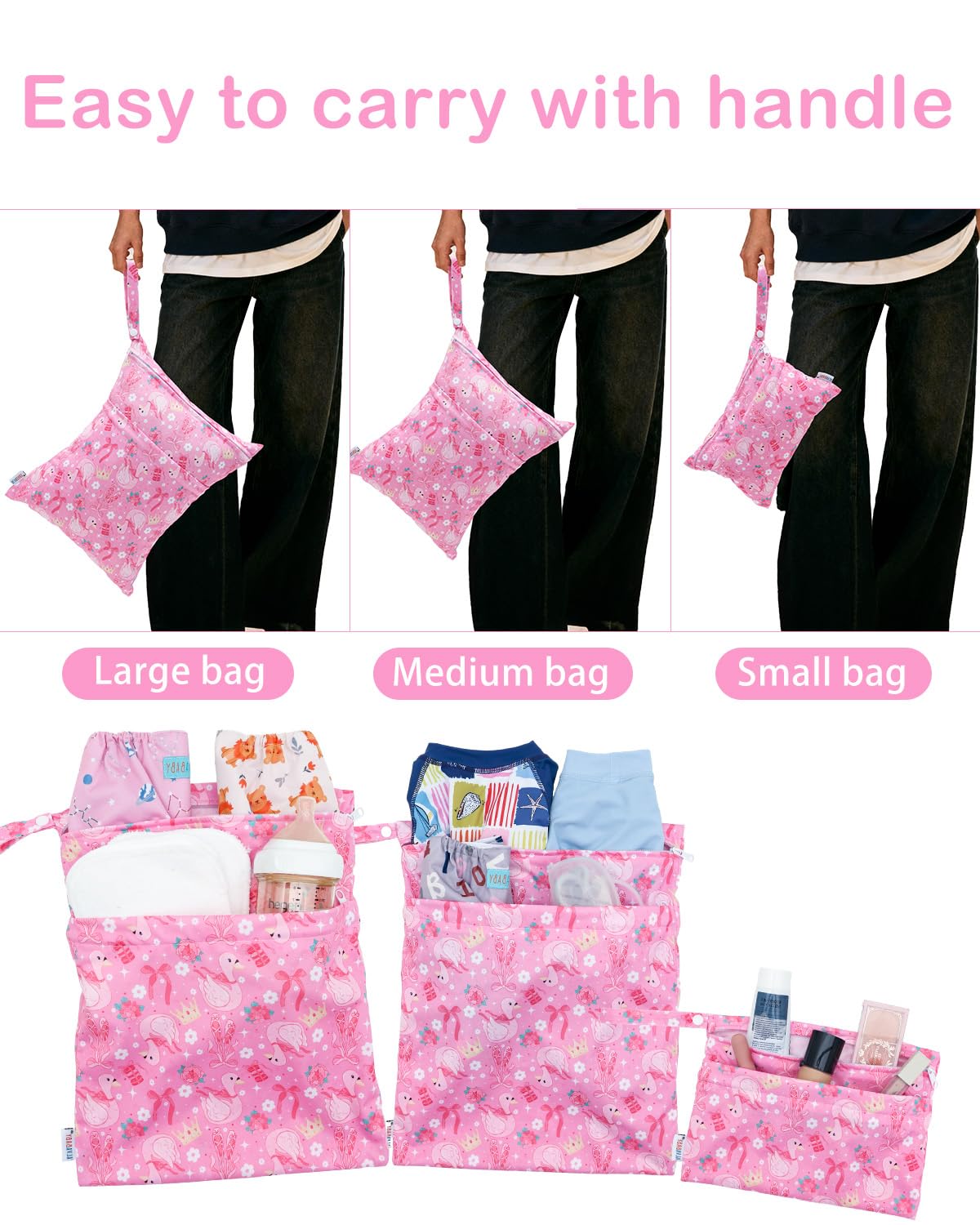 ALVA ALVABABY 3 Cloth Diaper Wet Dry Bags Waterproof Reusable with Two Zippered Pockets Travel Beach Pool Daycare Soiled Baby Items Yoga Gym Bag for Swimsuits or Wet Clothes Small medium Large - Colors A