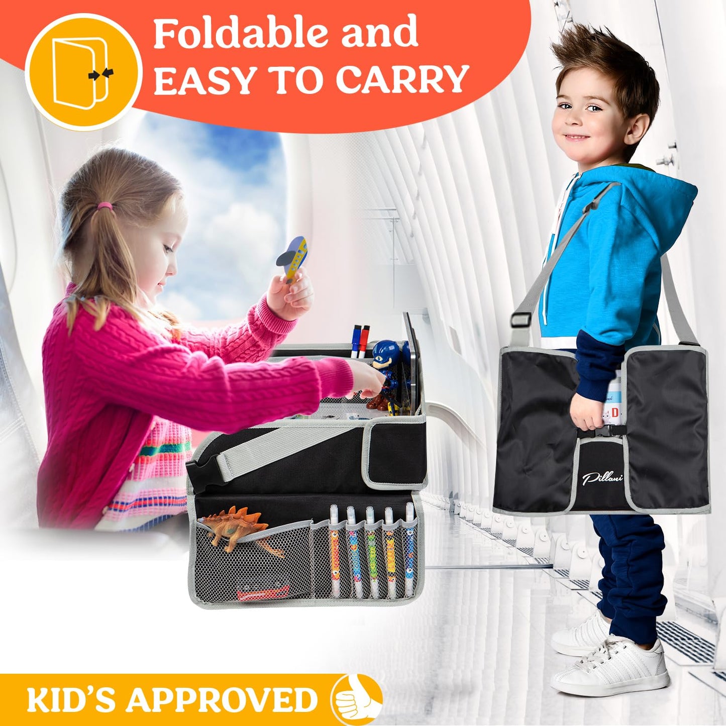 PILLANI Kids Travel Tray for Car Seat - Carseat Tray w/ iPad Holder & Dry Erase Board, Road Trip Activities - Toddler Lap Desk Organizer for Airplane - Roadtrip & Travel Essentials - Pack of 2, Pink