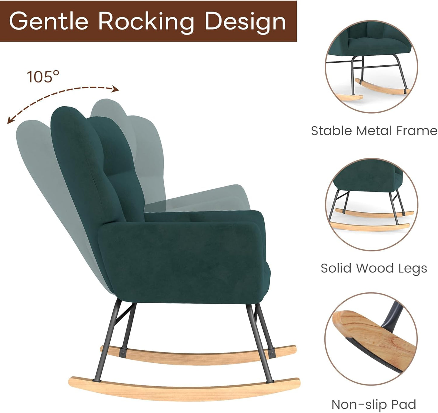 Nursery Rocking Chair, Rocking Chairs for Nursery, Baby Rocker Chair, Glider Rocker, Anti-Tip Safety Design, 440 Lb Weight Capacity, Cotton Fabric Cover, White