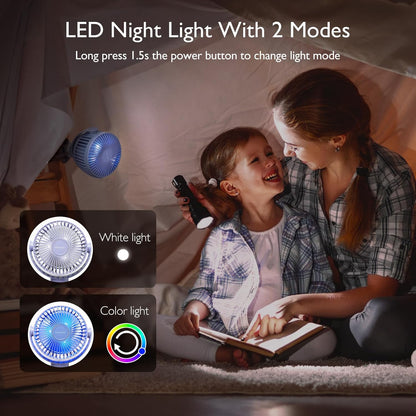 Momcozy 8000mAh Portable Stroller Fan | 27H Ultra-long Battery Life | Detachable 4 Speed 360°Rotate | 2 Modes LED Night Light, USB Rechargeable Handheld Cooling Fan for Travel, Car Seat, Bedroom
