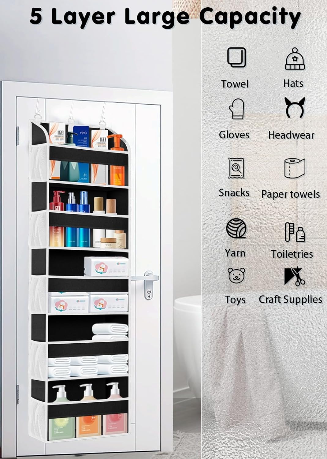 TAHAVICE 1 Pack Over The Door Organizer Storage, Hanging Organizer Closet with 5 Large Pockets 10 Mesh Pockets, 44 lbs Weight Capacity, Behind Door Storage for Nursery Bedroom Bathroom (Dark Grey)