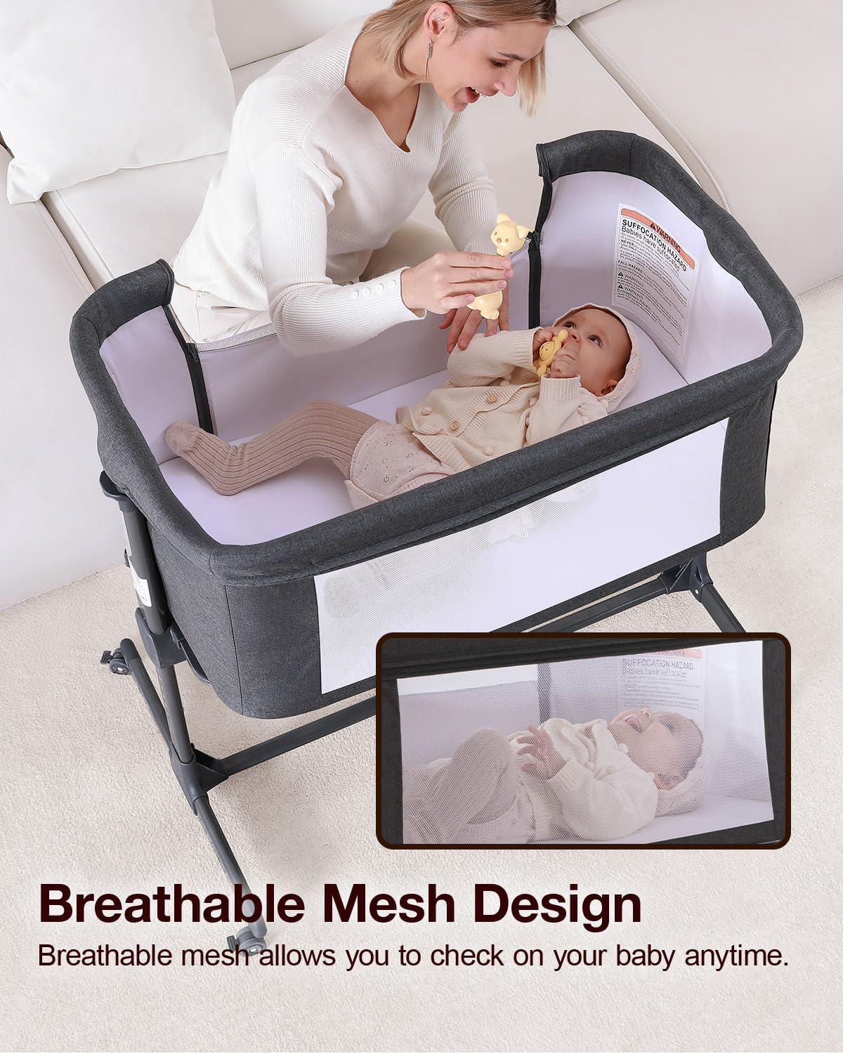 Larex Baby Bassinet, 3 in 1 Bassinets Bedside Sleeper Crib Sleeper for Newborn, Portable Crib Adjustable 7 Height Bedside Bassinet with Mattress and Movable Wheels，Breathable Mattress&Mesh(Dark Grey)