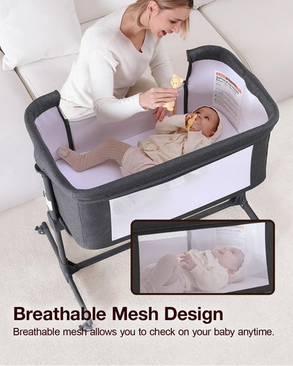 Larex Baby Bassinet, 3 in 1 Bassinets Bedside Sleeper Crib Sleeper for Newborn, Portable Crib Adjustable 7 Height Bedside Bassinet with Mattress and Movable Wheels，Breathable Mattress&Mesh(Dark Grey)