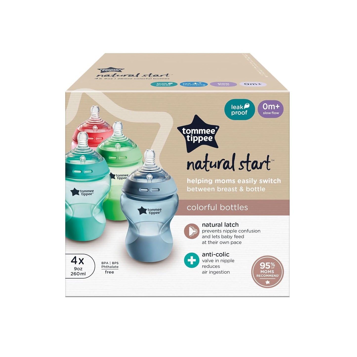 Tommee Tippee Natural Start Anti-Colic 9 oz BPA Free Baby Bottles, 0+ Months, Slow Flow Breast-Like Nipple, Self Sterilizing, Designed for Seamless Transition Between Bottle & Breast, Clear, Pack of 2
