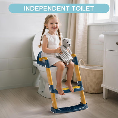 COOSEYA Potty Training Toilet with Step Stool Ladder, Toddler Kids Potty Training Seat for Boys Girls, Foldable Anti-Slip Toilet Toddler Seat Splash Guard Soft Cushion Safety Handles (Grey)