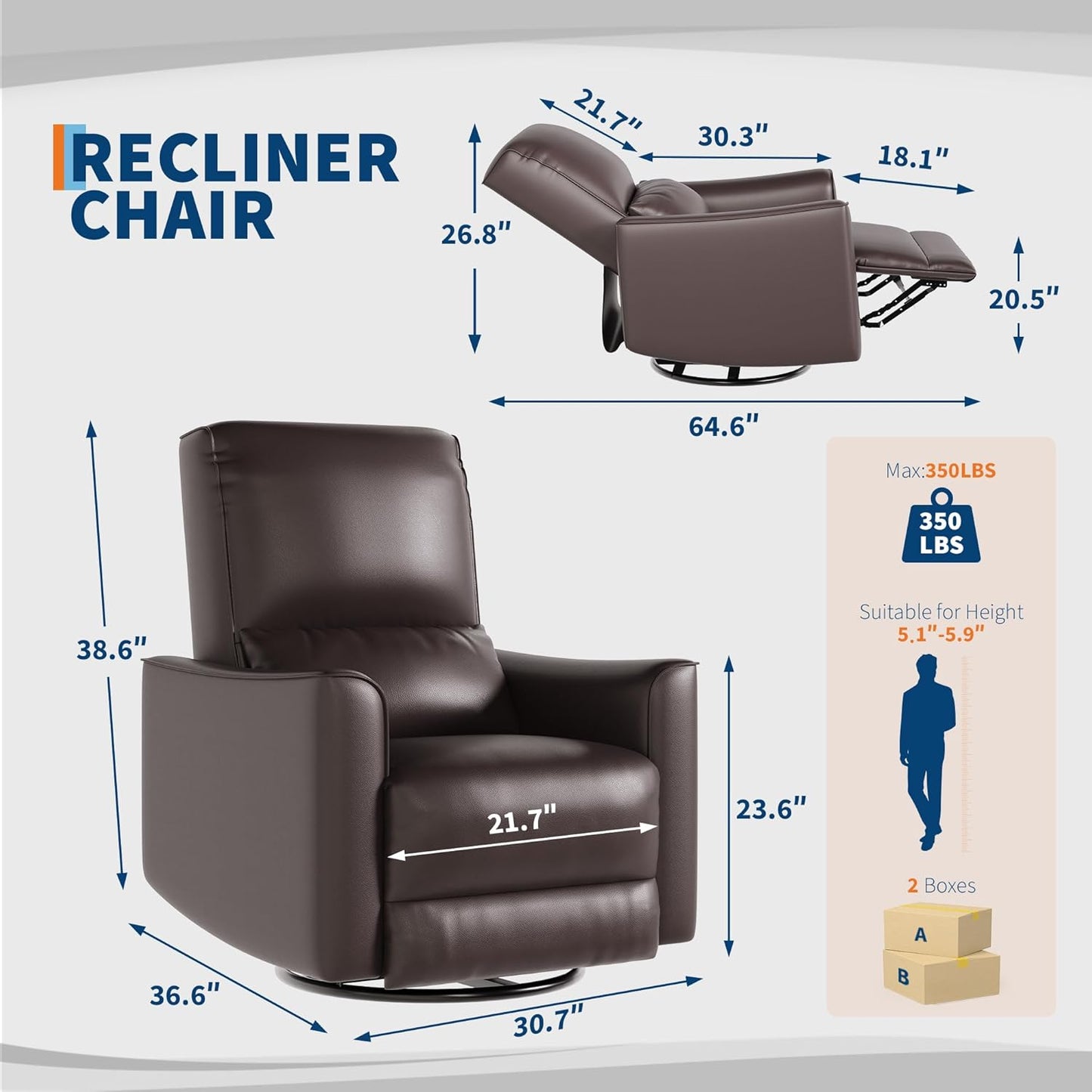 GarveeHome Recliner Chair, 360° Swivel Rocker Glider Nursery Chair with Padded Armrest and Deep Seat, PU Leather Upholstered Reclining Sofa Chair for Living Room, Bedroom and Nursery (Brown)