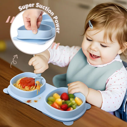 Baby Plates with Suction with Forks and Spoons, Foldable Silicone Toddler Plates, Baby Travel Essential, Microwave & Dishwasher Safe, Purple