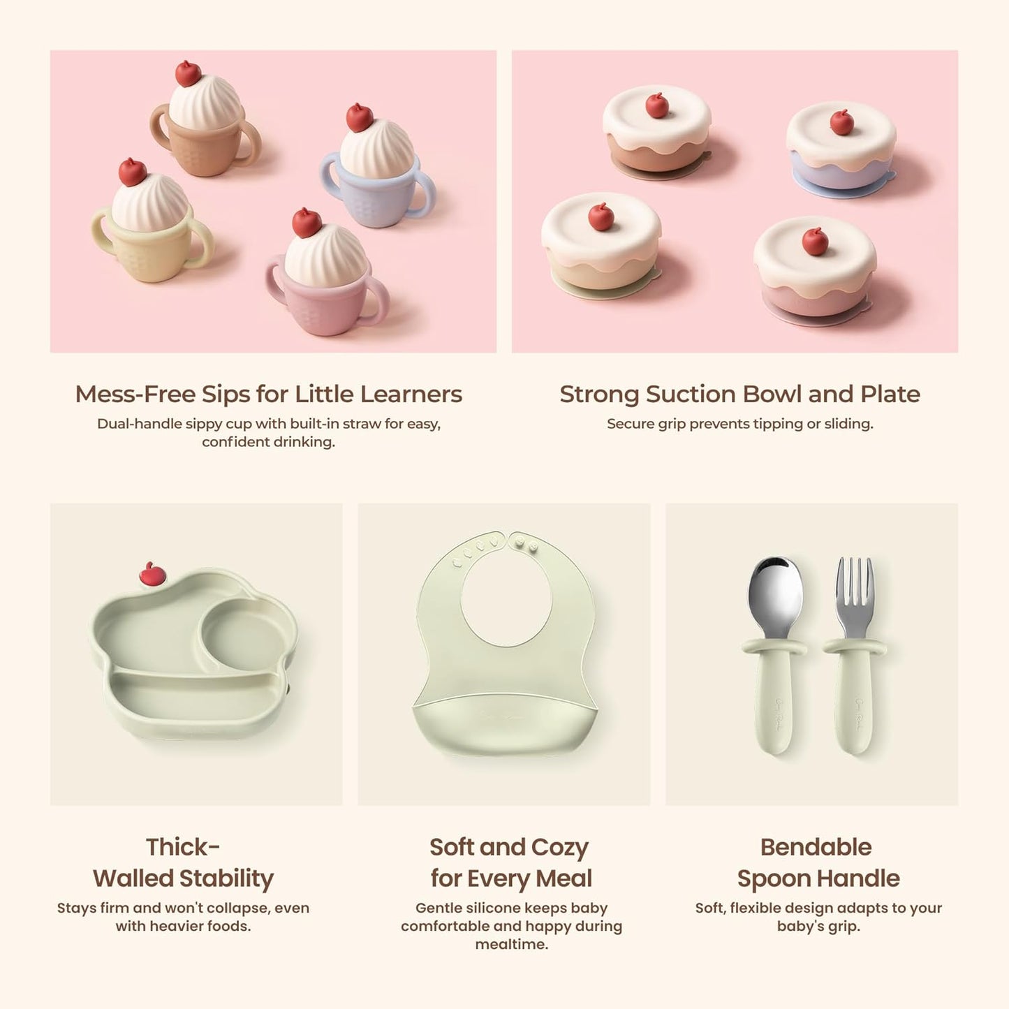 Silicone Baby Feeding Set, Gelato Collection Baby Led Weaning Supplies, First Self-Feeding Ice Cream Set, Silicone Suction Bowl with Cherry Lid & Plate, Straw Cup & Bib, Fork & Spoon - Pink