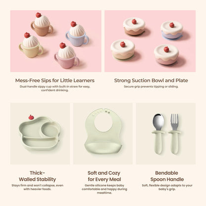 Silicone Baby Feeding Set, Gelato Collection Baby Led Weaning Supplies, First Self-Feeding Ice Cream Set, Silicone Suction Bowl with Cherry Lid & Plate, Straw Cup & Bib, Fork & Spoon - Pink
