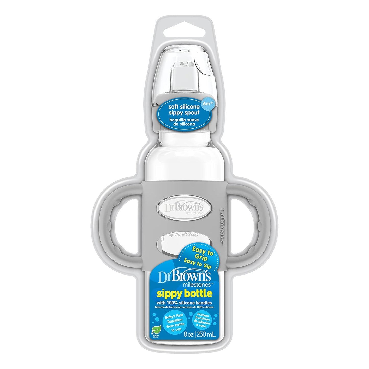 Dr. Brown's Milestones Narrow Sippy Spout Bottle with 100% Silicone, Easy-Grip Handles and Soft Sippy Spout, 8oz/250mL, Light Pink and Ecru, 2-Pack, 6m+