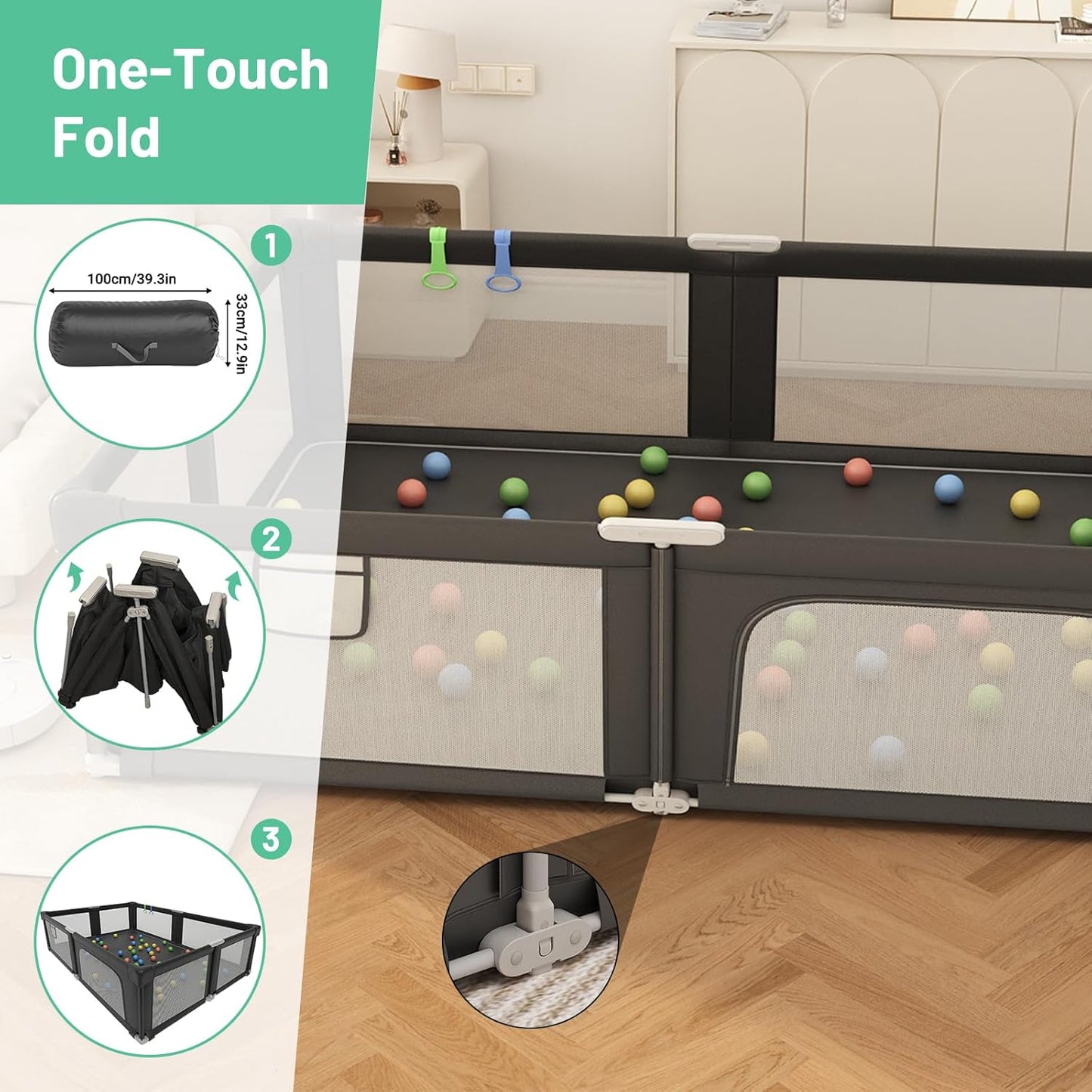 Foldable Playpen for Babies and Toddlers, 51" Portable Play Pen with Mat and Ocean Balls, Play Yard with with Visible Mesh for Inddor and Outdoor, No Assembly Required, Dark Gray