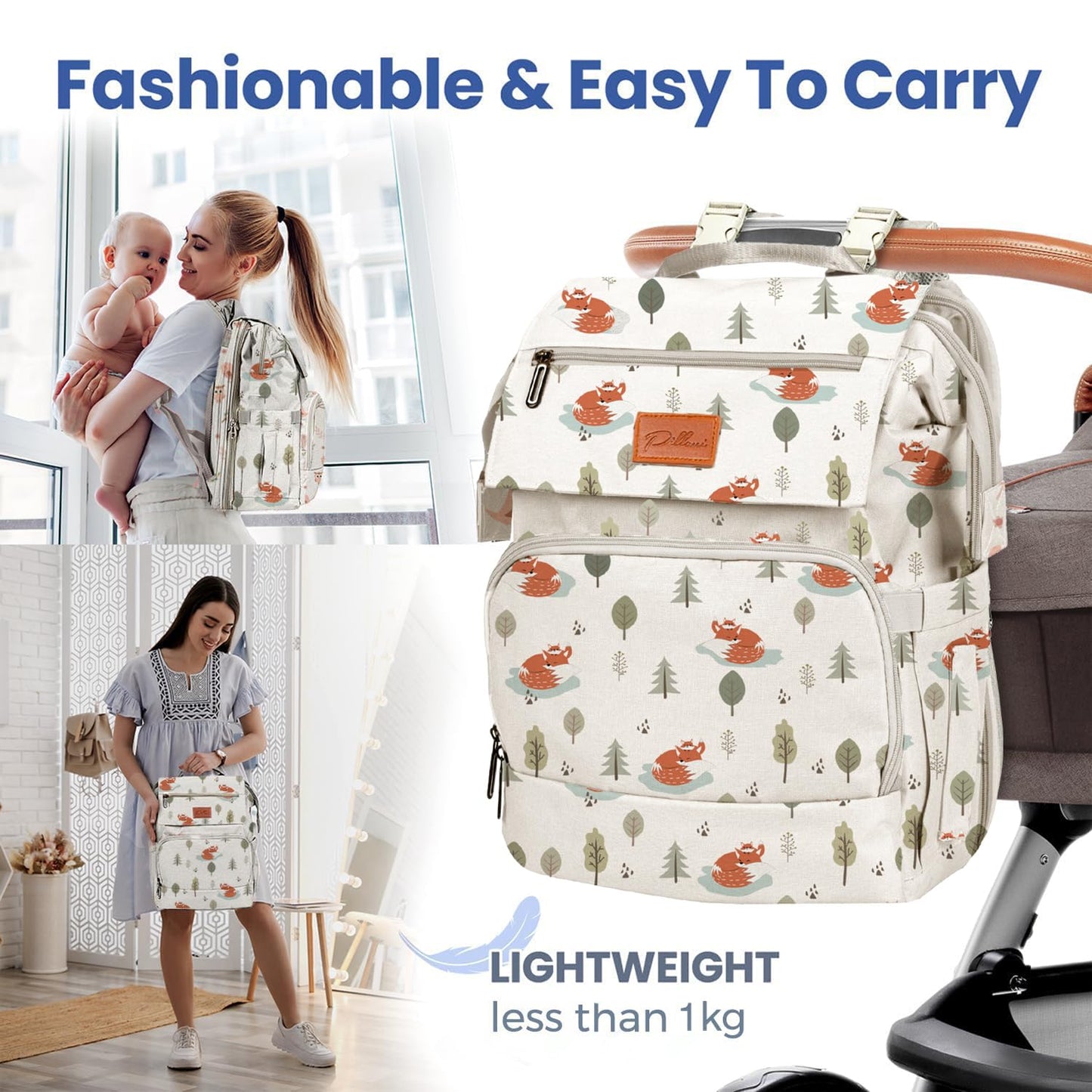 PILLANI Baby Diaper Bag Backpack - Large Waterproof Travel Diaper Bag for Boys & Girls, 16 Organizer Pockets with Changing Pad, Insulated Bottle Pockets & Stroller Straps, Baby Shower Gifts, Dinosaur