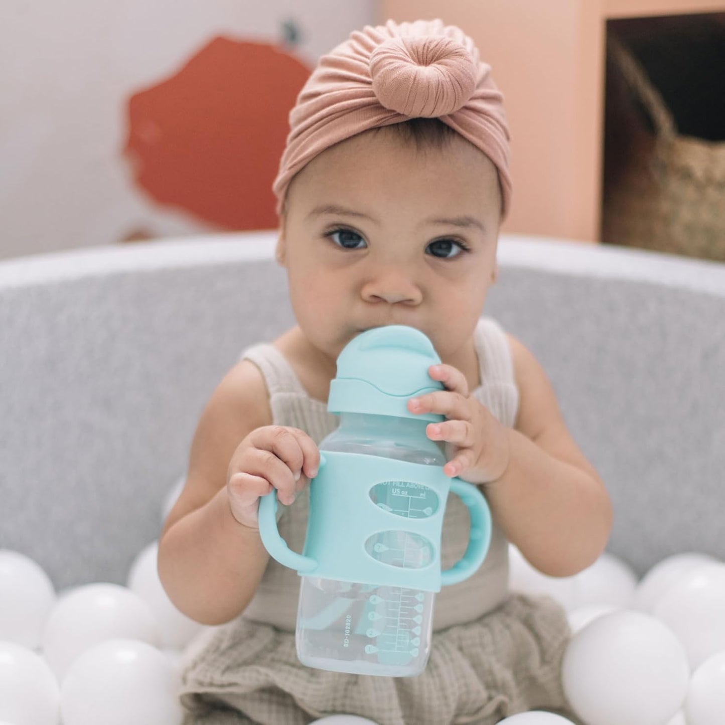 Dr. Brown's Milestones Wide-Neck Sippy Straw Bottle, Spill-Proof with 100% Silicone Handles and Weighted Straw, 9 oz/270 mL, Gray & Pink, 6m+, 2-Pack