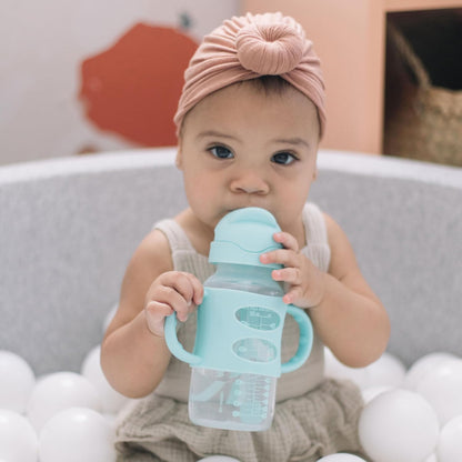 Dr. Brown's Milestones Wide-Neck Sippy Straw Bottle, Spill-Proof with 100% Silicone Handles and Weighted Straw, 9 oz/270 mL, Gray & Pink, 6m+, 2-Pack
