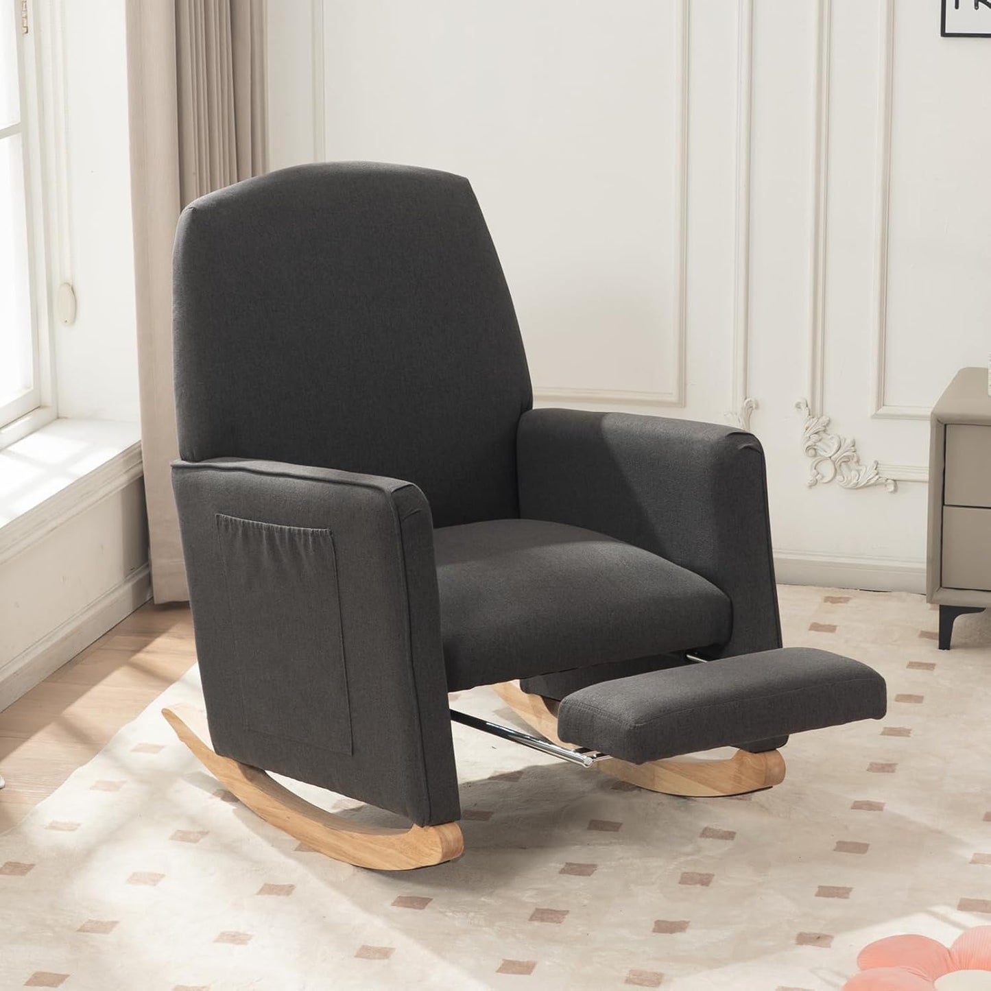 FOXHUNTER Rocking Chair Nursery with Adjustable Footrest and High Backrest, Upholstered Glider Chairs with Side Pockets for Nursery, Rocker Armchair Indoor for Living Room,Beige