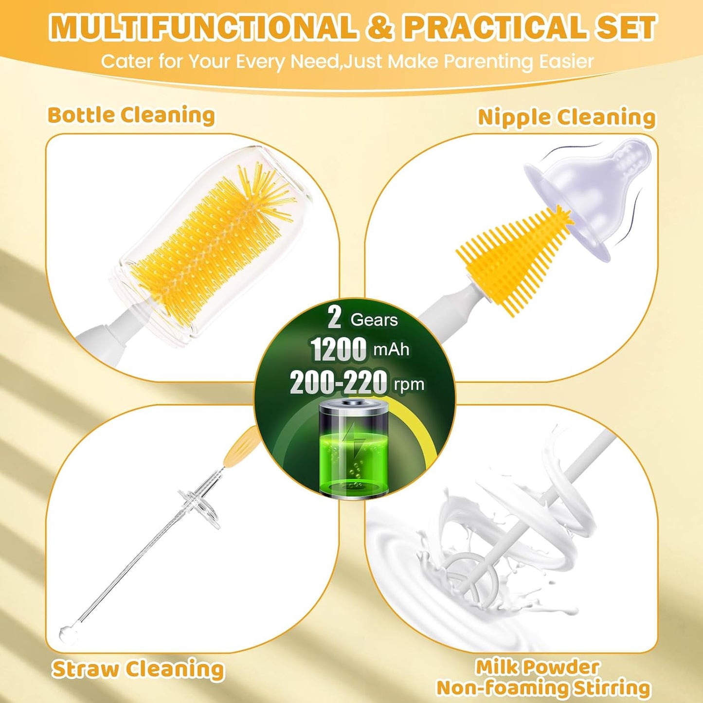 IvyWind Electric Travel Baby Bottle Brush Set with Storage Box, Automatic Bottle Cleaner Brush Kit with Silicone Bottle/Nipple/Straw Brush, Milk Frother Electric and Drainage Rack, Rechargeable, Green