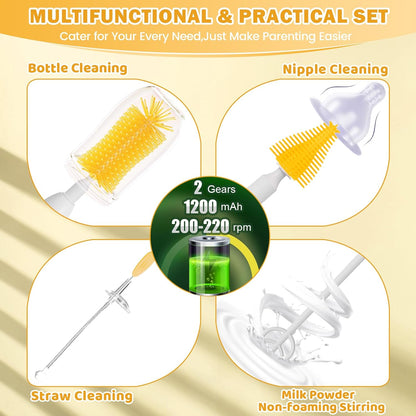 IvyWind Electric Travel Baby Bottle Brush Set with Storage Box, Automatic Bottle Cleaner Brush Kit with Silicone Bottle/Nipple/Straw Brush, Milk Frother Electric and Drainage Rack, Rechargeable, Green