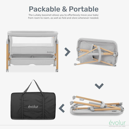 Evolur Lullaby Portable Bassinet with Wheels, Adjustable Bedside Sleeper, Breathable Mesh Sides, Large Storage Basket, Easy Fold, and Travel Bag Included, Perfect for Newborns & Infants - Biege