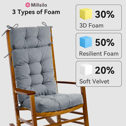 Millsilo Rocking Chair Cushions 3-Piece Set with Neck Pillow, Indoor Rocker Comfortable Tufted Non-Slip Pads with Ties, High-Density Foam Cushion for Adirondack Glider Chair, Orange, 52 x 19 x 4 Inch
