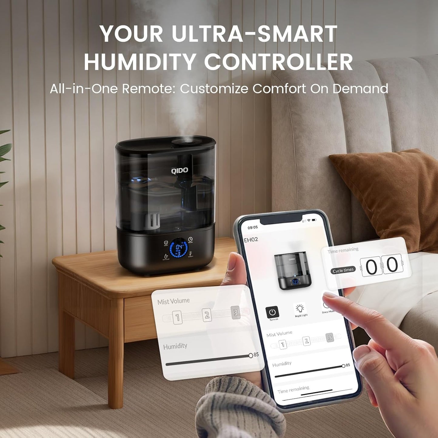 COMHOMA Top Fill Humidifiers for Bedroom, 5L Tank for Large Room, Easy to Fill & Clean, 28dB Quiet Cool Mist Air Humidifier for Home Baby Nursery & Plants, Touch/APP/7-color Nightlight, 36H, White