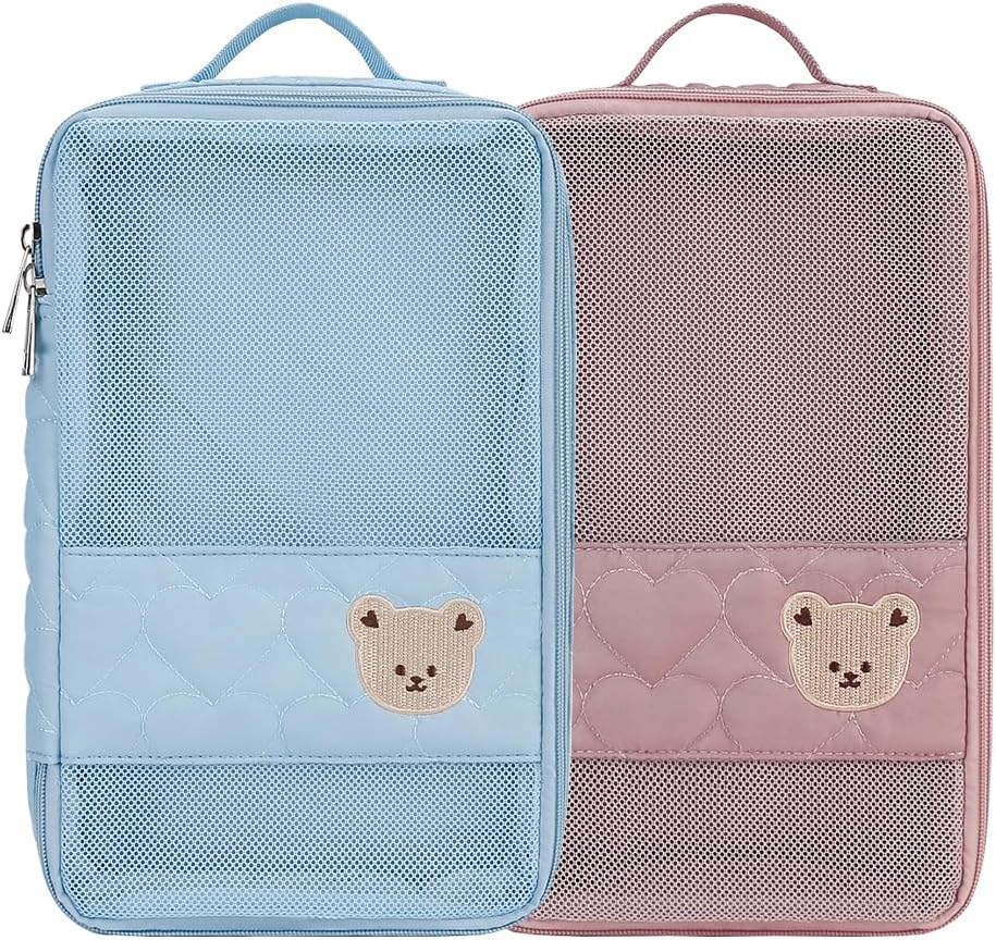 MOMIGO Baby Diaper Bag Organizer Pouches - 2 Pack Waterproof Pod Hanging Diaper Bag Cute Bear Mesh Bag Reusable, Washable or Baby Cloth Diapers