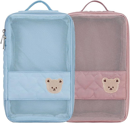 MOMIGO Baby Diaper Bag Organizer Pouches - 2 Pack Waterproof Pod Hanging Diaper Bag Cute Bear Mesh Bag Reusable, Washable or Baby Cloth Diapers