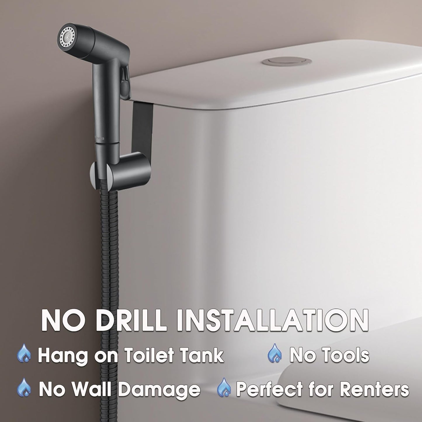 Handheld Bidet Sprayer for Toilet, Dual Spray Modes with Lockable Push Button, High Pressure Bathroom Sprayer, No-Drill Toilet Tank Mount, Stainless Steel Hose Set, Black Finish