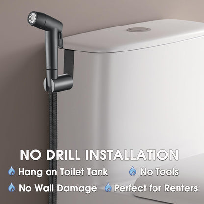 Handheld Bidet Sprayer for Toilet, Dual Spray Modes with Lockable Push Button, High Pressure Bathroom Sprayer, No-Drill Toilet Tank Mount, Stainless Steel Hose Set, Black Finish