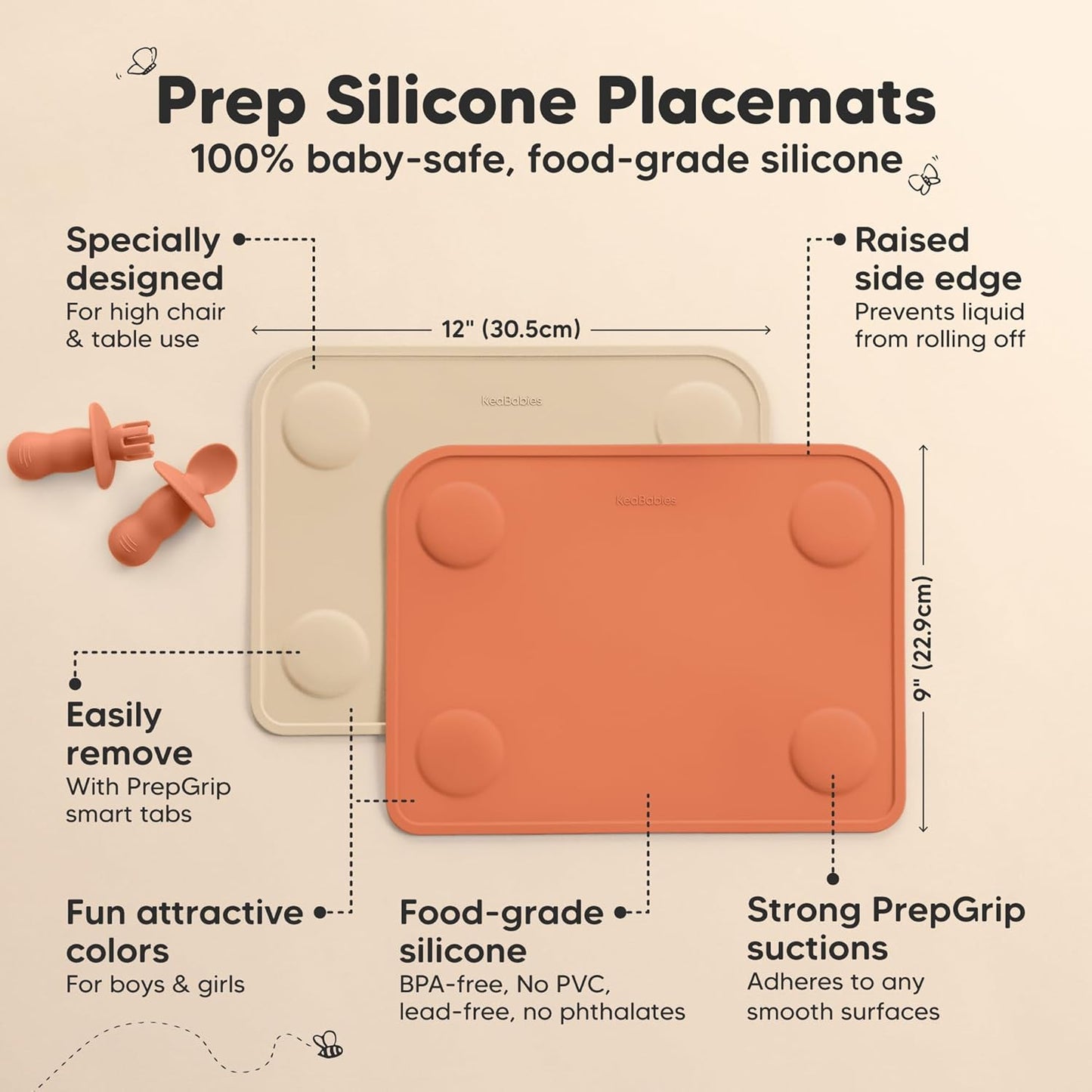 KeaBabies 2pk Silicone Placemats for Toddlers, Kids - 12x9 Non Slip Suction Baby Silicone Placemat for Restaurants, Dining Table,Travel, Easy to Clean, Food Grade/BPA-Free,Small Baby Table Mat(Slate)