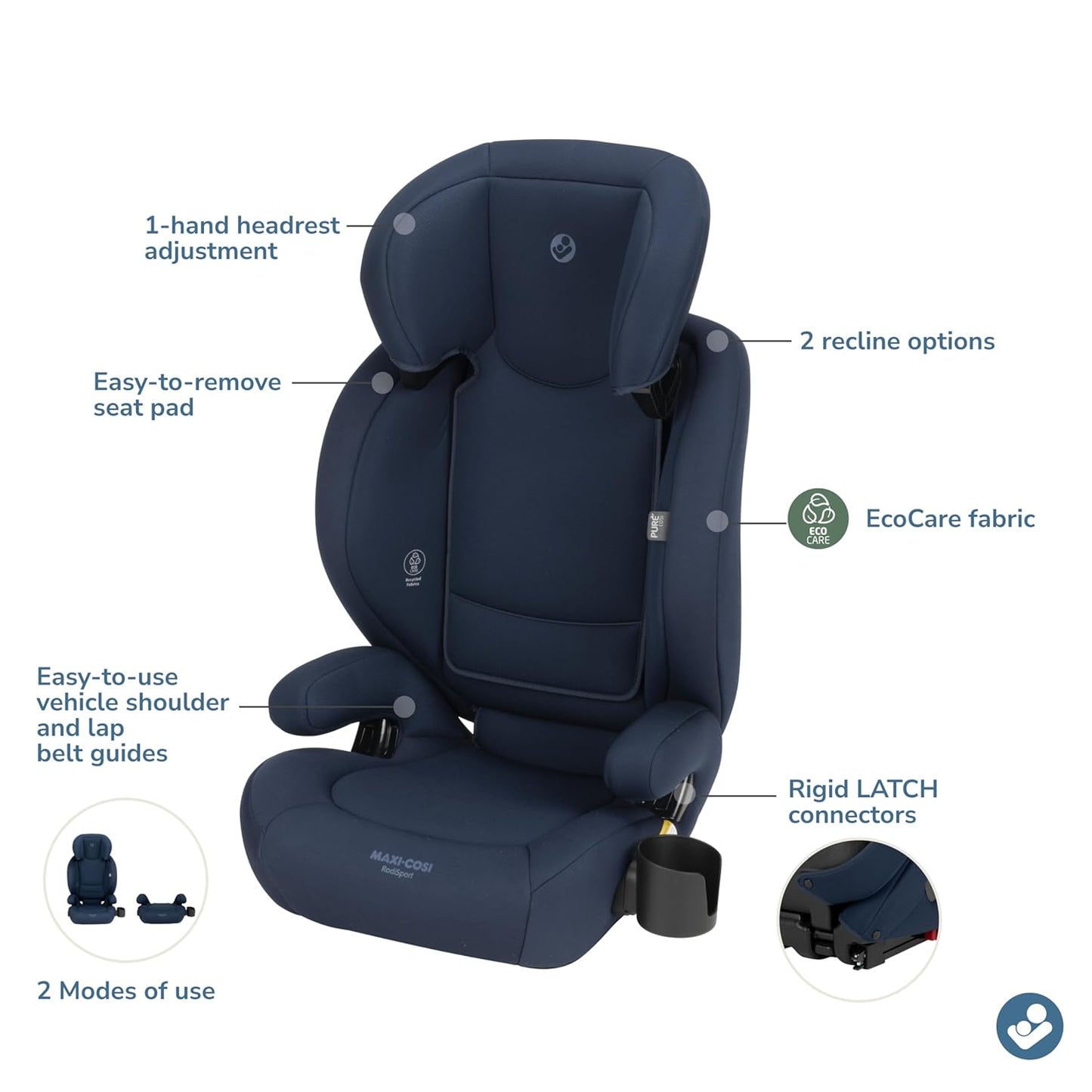 Maxi-Cosi RodiSport Kids Booster Car Seat, High-Back, Backless Booster, 7-Position Headrest, Easy Latch System, Reclining Chair, Belt Guide, Fits 40-100 lbs, 43.4-57 in, Sea Salt