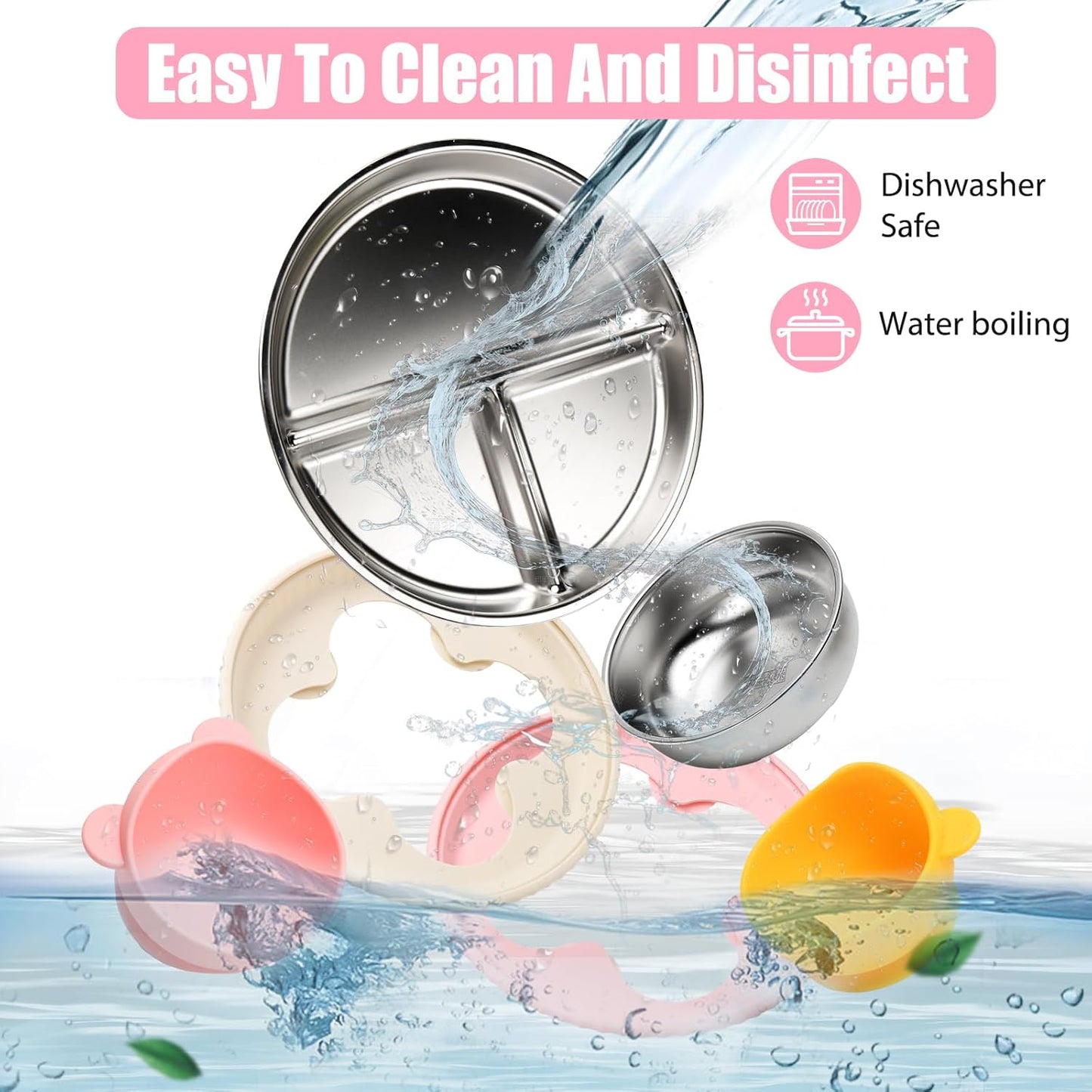 MISSLILI Stainless Steel Baby Plate and Bowls with Suction, Divided Kids Baby Plate and Toddler Bowl with Removable Silicone Suction, Non-Slip Baby Feeding Set Dishwasher Safe，4 Packs