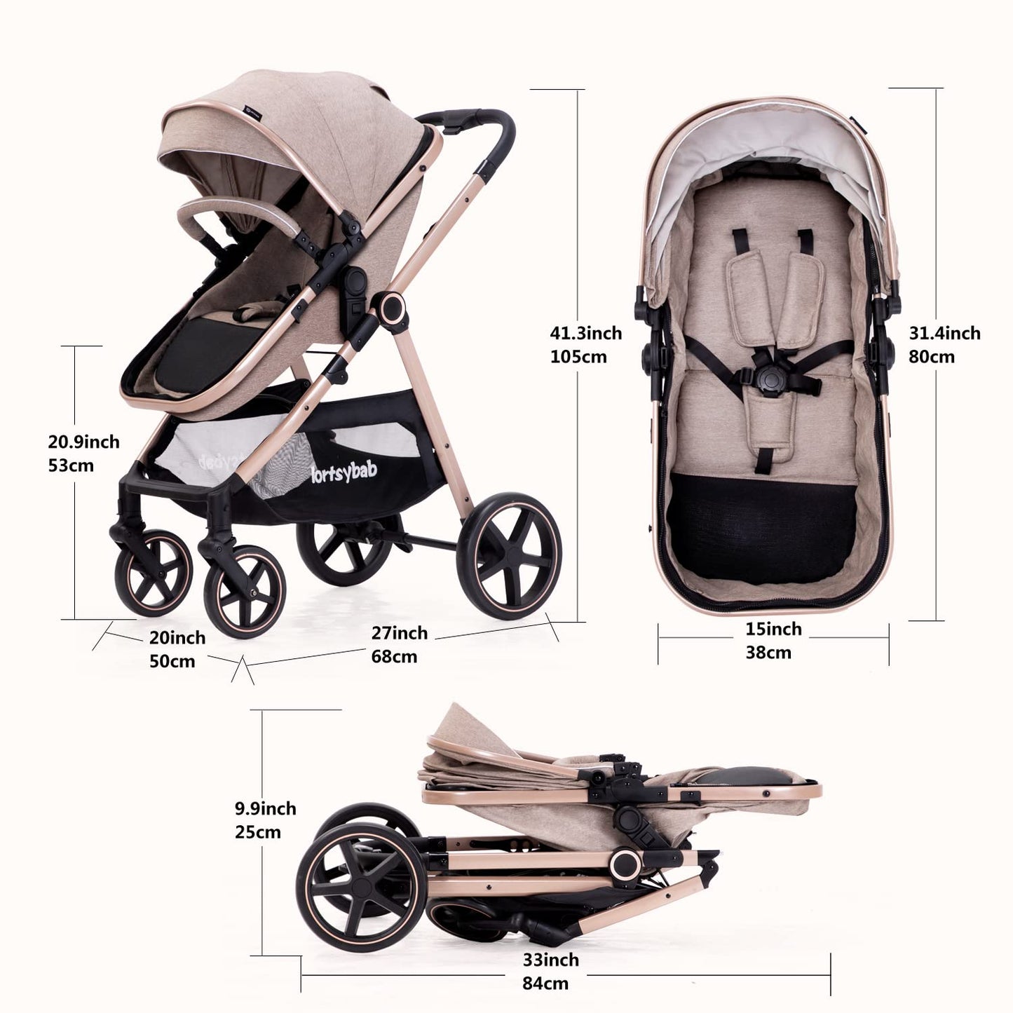 Lortsybab 2-in-1 Baby Stroller - Folding Infant Newborn Pram Stroller with Reversible Seat - Toddler Strollers for 0-36 Months Old Babies (Pink)