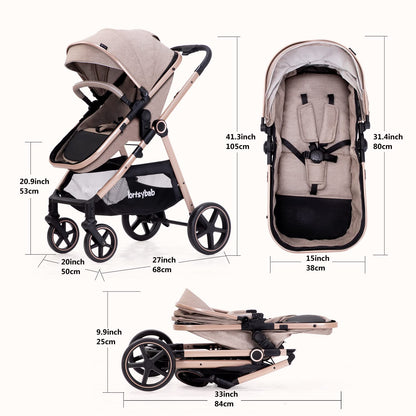 Lortsybab 2-in-1 Baby Stroller - Folding Infant Newborn Pram Stroller with Reversible Seat - Toddler Strollers for 0-36 Months Old Babies (Pink)