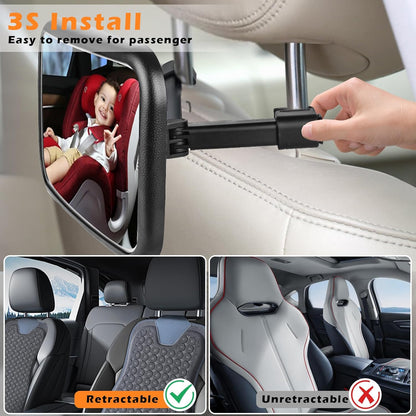Rechargeable Baby Car Mirror with Light - Mirror for Baby in Car with Remote Control, Car Mirror for Baby Stable Hook Clip Shatterproof Crystal Clear Car Seat Mirror for Baby Safety