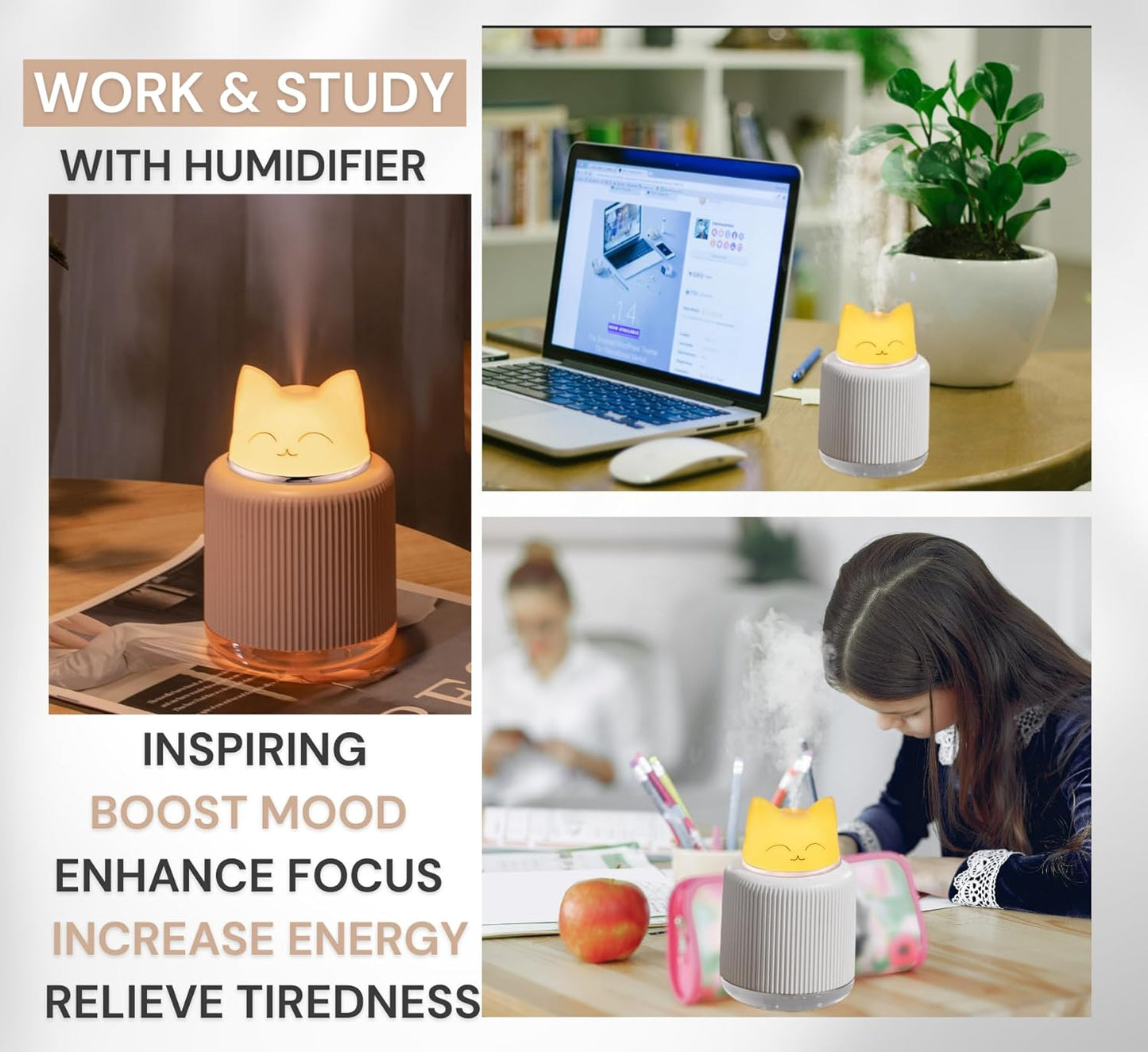 Mini Portable Ultrasonic Cat Humidifier for Bedroom Baby Car Desk. Cute Cool Mist Small Air Humidifier with USB for Home Office Travel Nursery Pet Plant. Silent & Auto Shut-off - ASTROVIS (White)