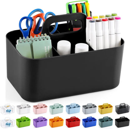 Multiuse Caddy Organizer with Handle, Portable Divided Plastic Tote Bin - Art Craft, Stationary Pen Marker Crayons, Makeup Hair Supplies Storage - Bathroom, Classroom, Dorm, Office, Desk Holder - Pink