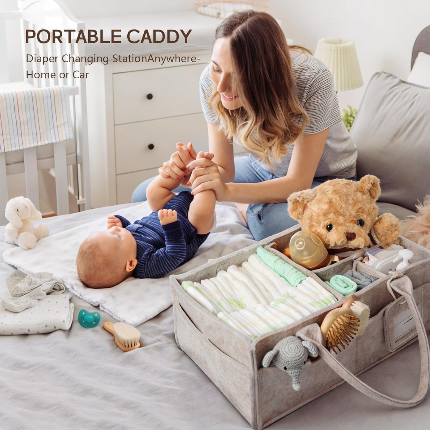GEMII Diaper Caddy Organizer-Large Baby Caddy Organizer with Handle, Newborn Registry Essentials, Baby Shower Basket Gifts for Boys or Girls (Oatmeal, Large)