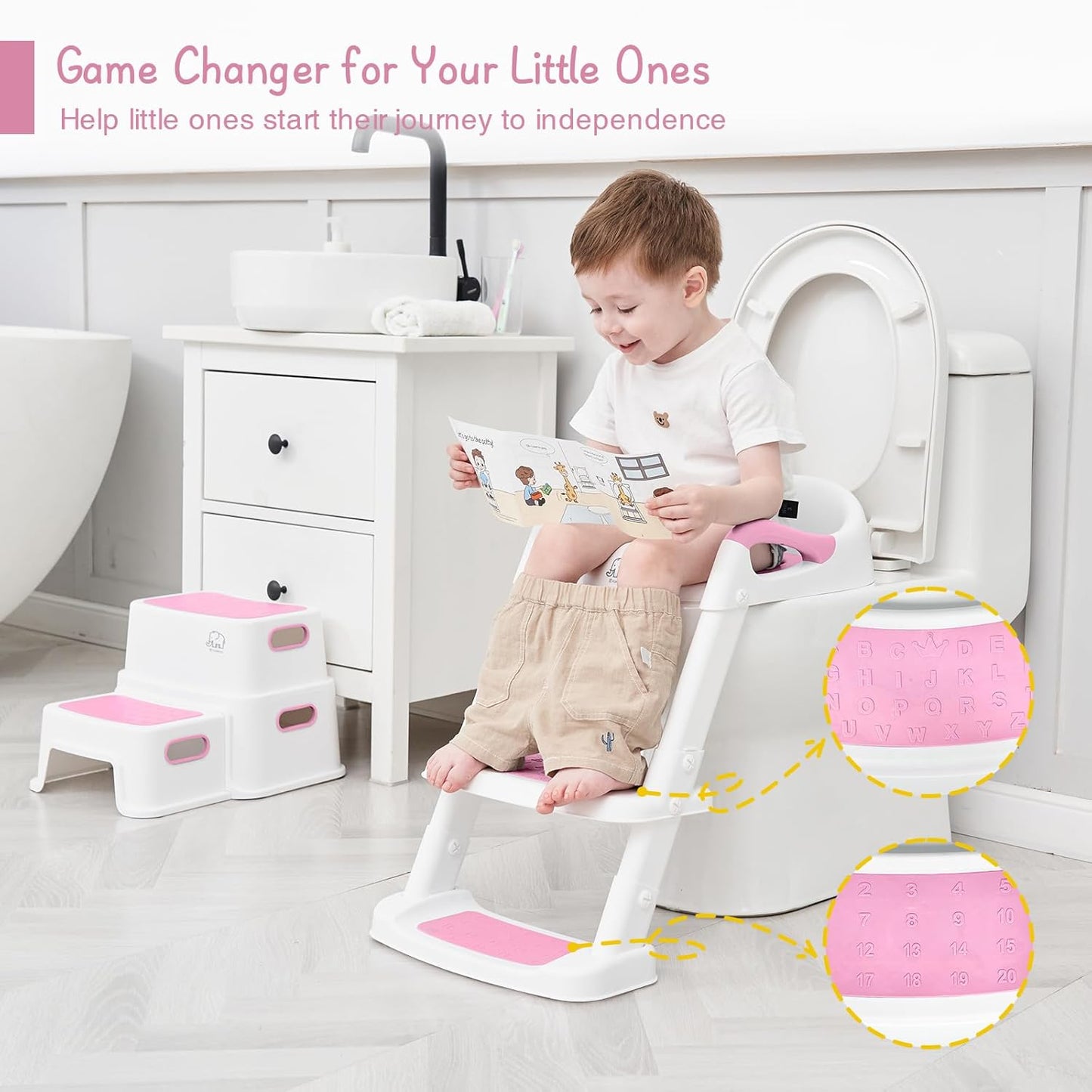 Forbena Potty Training Toilet Seat with Step Stool Ladder, Toddler Kids Potty Seat for Boys Girls, Non Slip Foldable Toilet Training Seat with Soft Cushion, Comfortable Handles (White-Grey)
