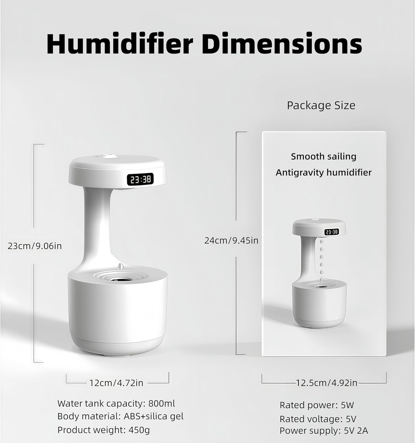 Humidifiers for Bedroom, 800ml Cool Mist Air Humidifier, Anti-Gravity Digital Humidifier with LED Display, Quiet Knob Control for Bedroom, Plants, Nursery, Office - White