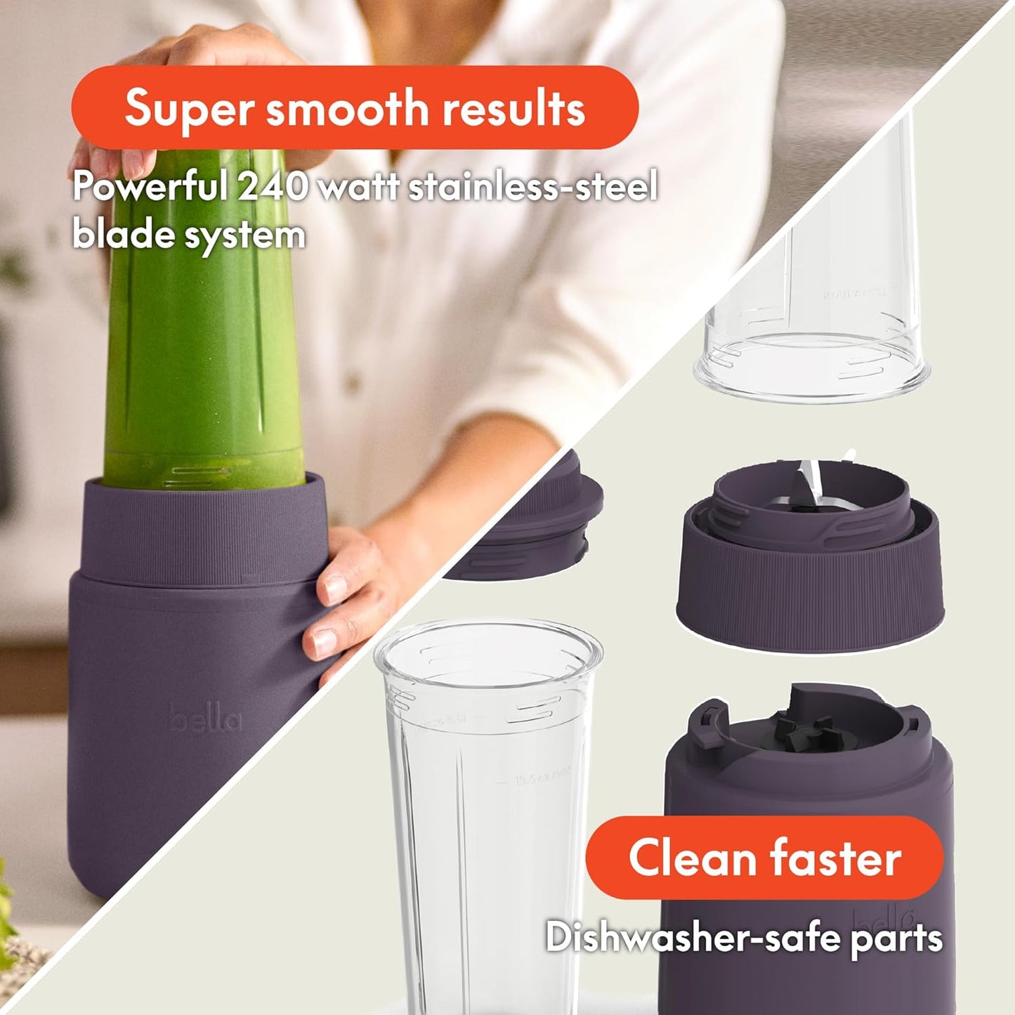 bella 6 Pcs Portable Rocket Blender, Juicer & Smoothie Maker, Press & Twist Design, EverGood™ & BPA Free Dishwasher Safe Parts, 4 Tip Stainless Steel Blade, Cord Wrap, 240 Watt Motor, Oatmilk