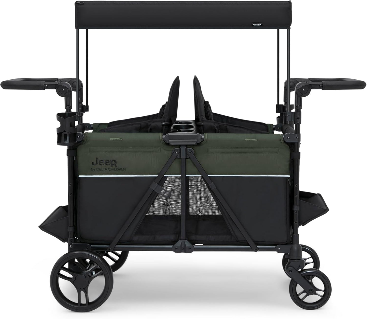 Jeep Aries Stroller Wagon by Delta Children Premium Wagon for 2 Kids with Convertible Seats, Adjustable Push/Pull Handles, Removable Canopy & Flat Fold - Greenguard Gold Certified, Black/Green