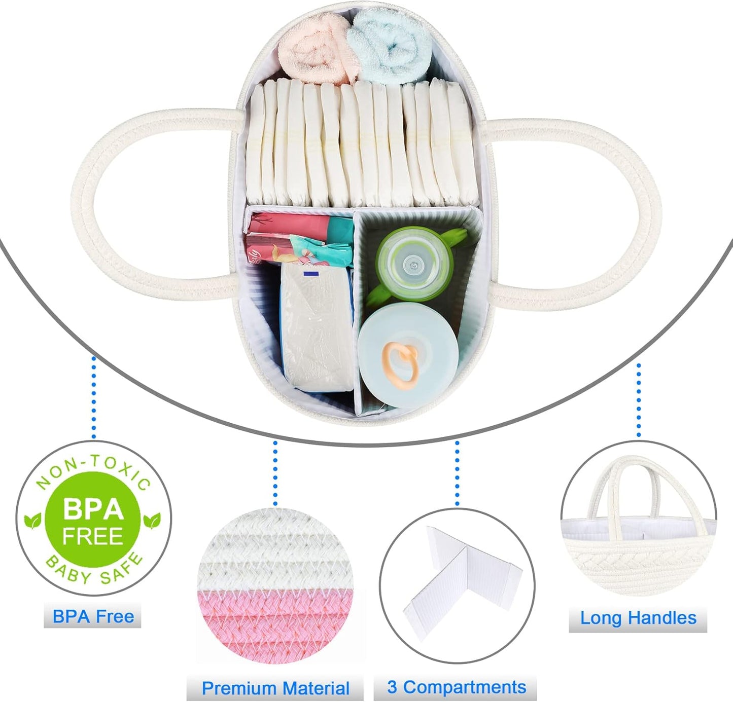 ABenkle Baby Diaper Caddy, Nursery Storage Bin and Car Organizer for Diapers and Baby Wipes, Cotton Rope Diaper Basket Caddy, Changing Table Diaper Storage Caddy